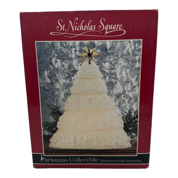 St Nicholas Square Illuminated Jade Porcelain Light Up Christmas Tree 10" w/ Box - Picture 9 of 10
